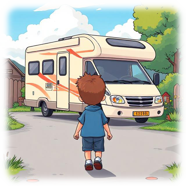 boy walking towards motorhome