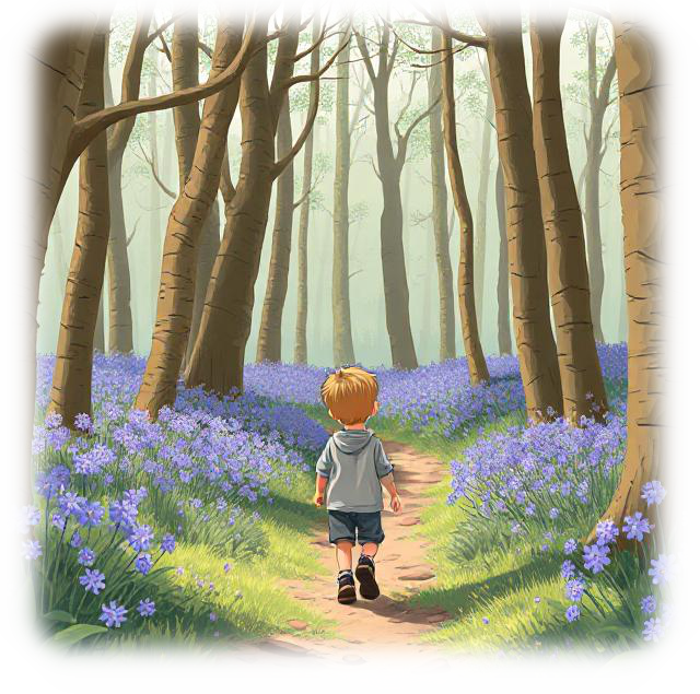Boy walking through bluebell wood