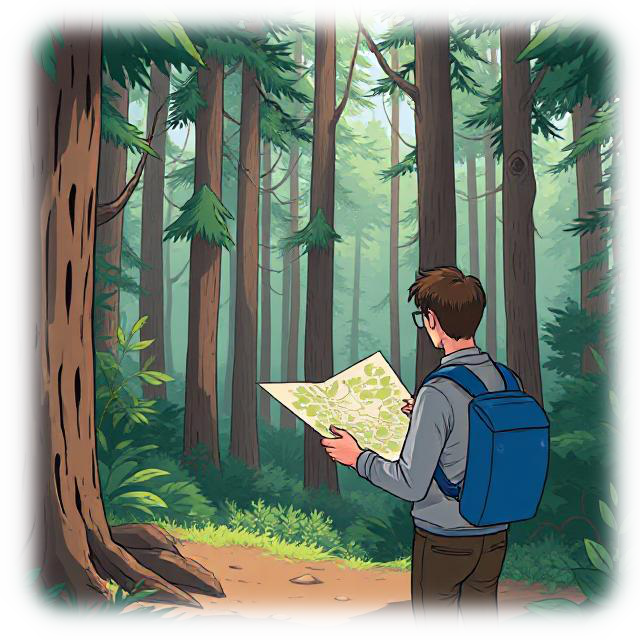 Man with map in a forest