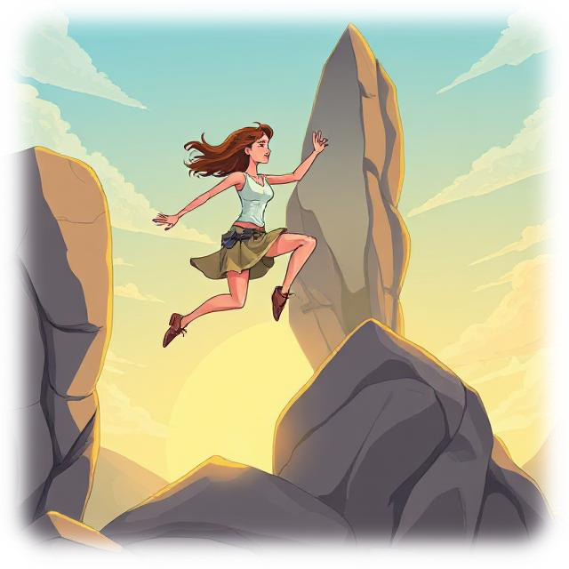 Woman leaping across rocks