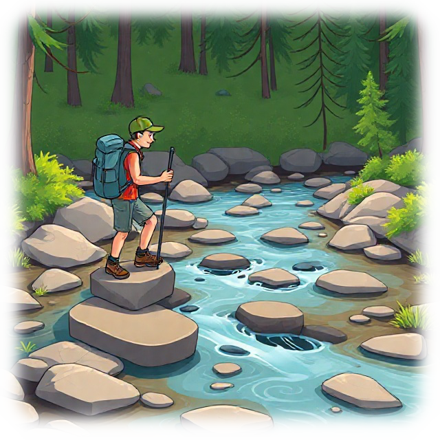 Hiker crossing a river on stepping stones